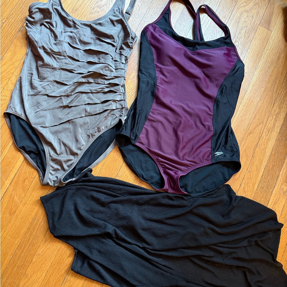 Calvin Klein and Speedo L/XL Swimsuits with a matching cover.